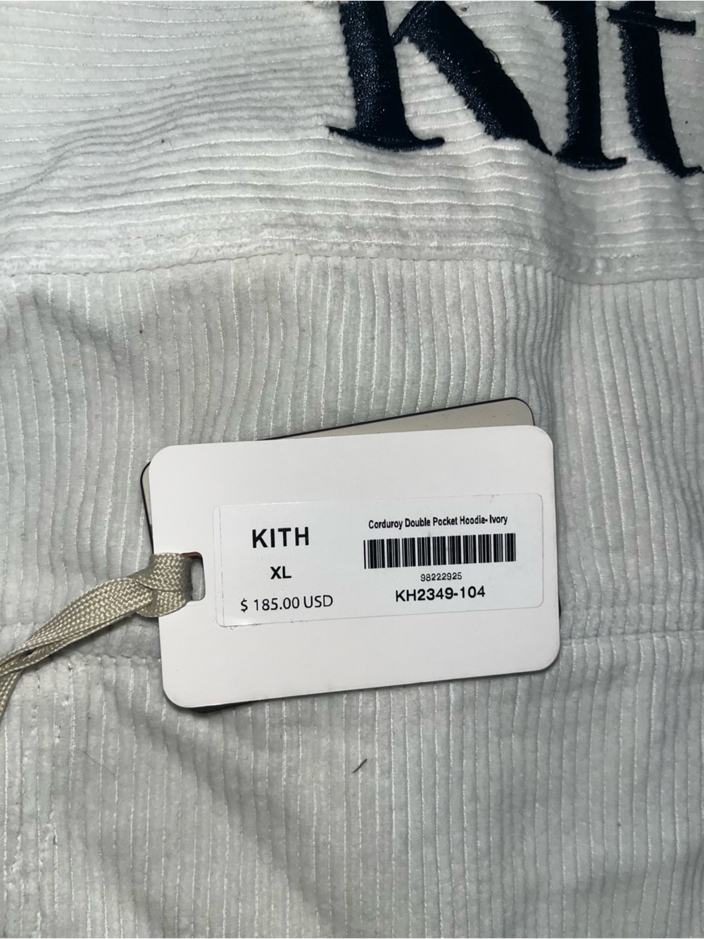 Kith White Corduroy Hoodie with Navy Embroidered Logo - Picture 2 of 2